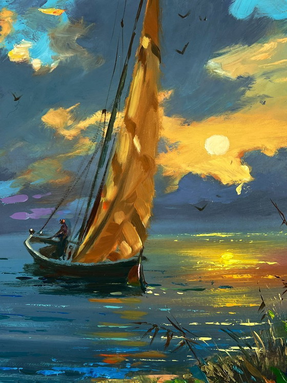 Image 1 of Dipinto ad olio originale: Paesaggio marino, cielo e barca a vela al tramonto