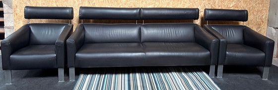 Image 1 of Divano e 2 poltrone Leolux Patachou in pelle nera
