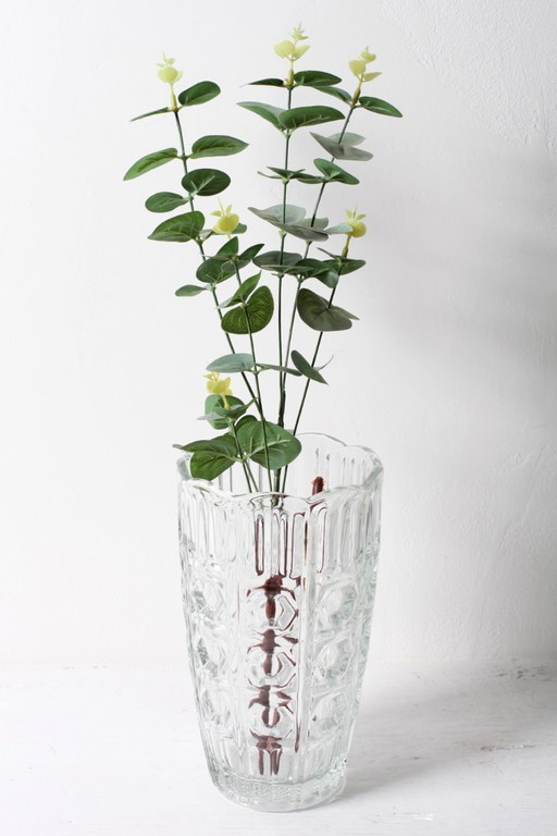Mid-century Vintage Solid Heavy Clear Hand Pressed Glass Flower Vase / Fidenza / Italy / 1960s