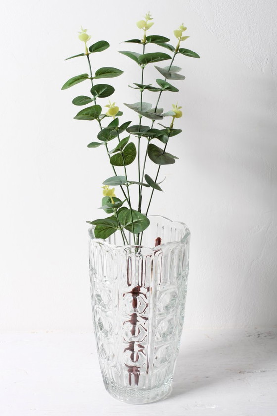 Image 1 of Mid-century Vintage Solid Heavy Clear Hand Pressed Glass Flower Vase / Fidenza / Italy / 1960s