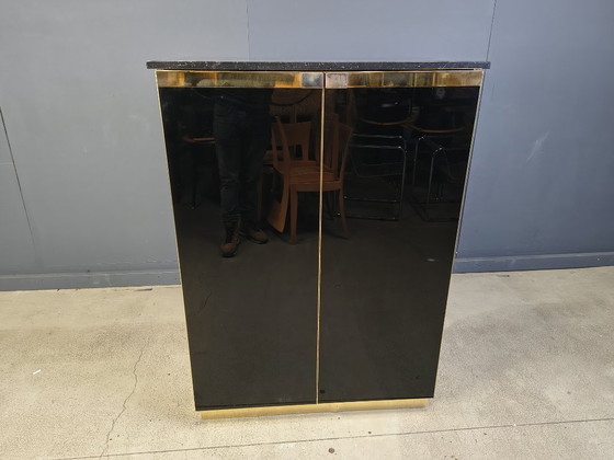 Image 1 of Bar de style Maison Jansen en laque noire et marbre, années 1970