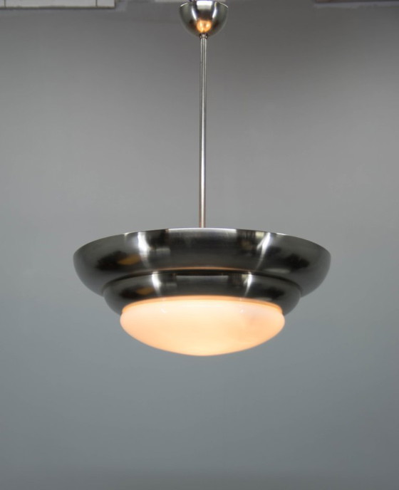 Rare Franta Anýž Nickel Chandelier, 1930s, Restored – Anyz Franta, Metal, Glass (photo 8 of 12)