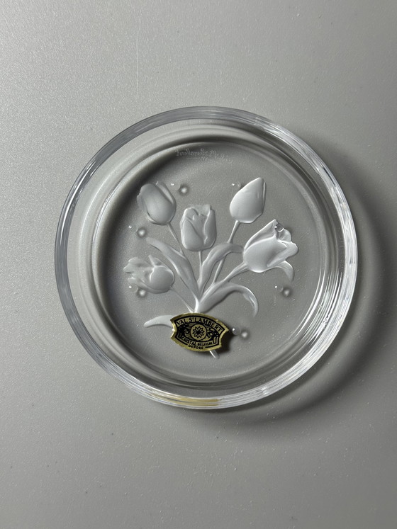 Image 1 of Coffret de 6 sous-verres en cristal Val Saint Lambert « Fleurs » – Motifs floraux – Style années 1950 – En boîte