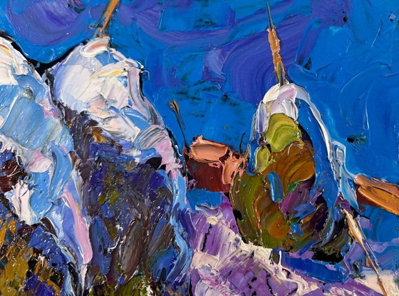 Image 1 of Original Oil Painting Winter Field Landscape Hay under the snow