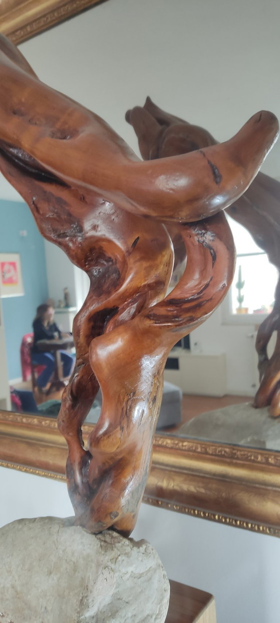 Image 1 of Organic Sculpture "Greyhound" in Solid Wood on a Stone Base – Biomorphic Natural Art