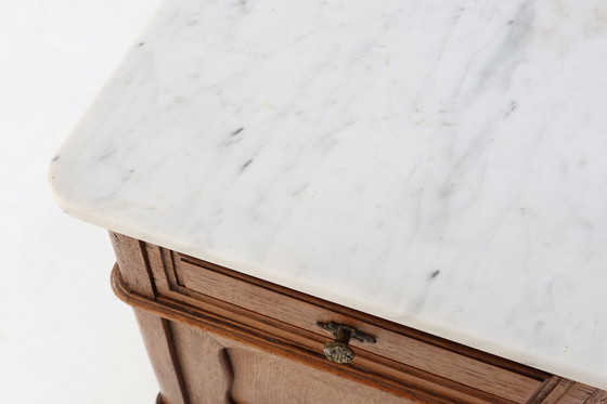 Image 1 of Pair of French Louis XV Style Nightstands in Oak with Carrara Marble Top
