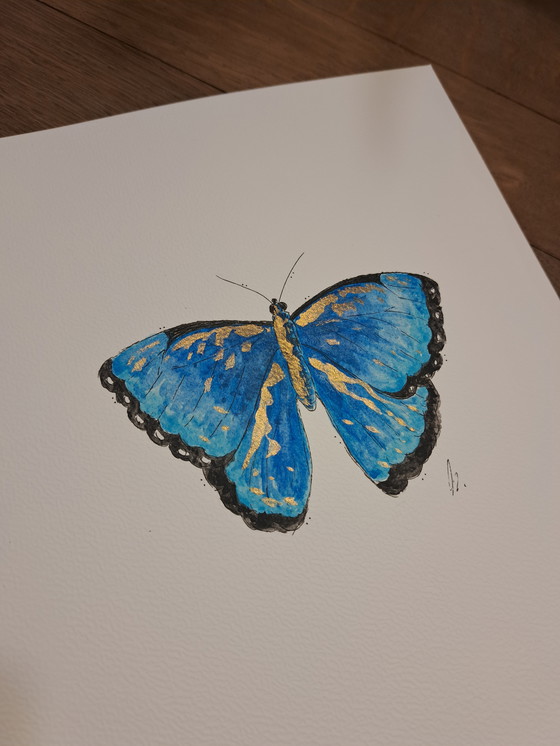 Image 1 of Pintura de acuarela Mariposa Morfo Azul | Marco dorado