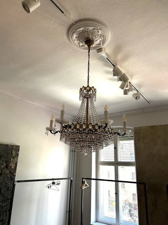 Antique large crystal chandelier, 12-light, bronze/gold, circa 1930 (photo 3 of 5)