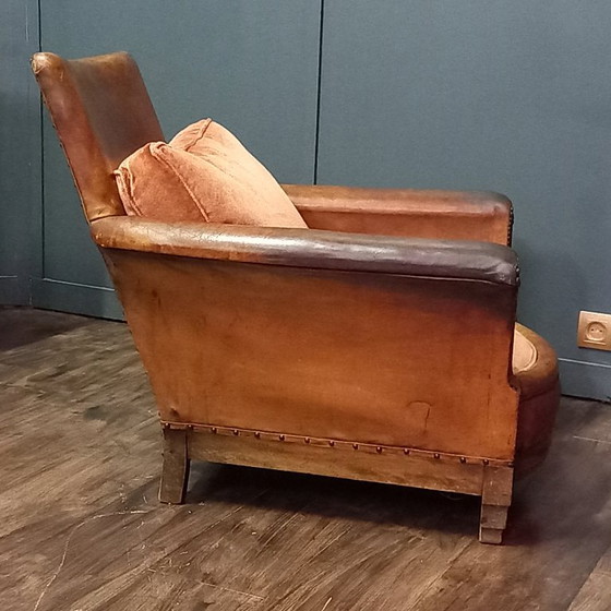 Fauteuil en cuir français – Art déco avec façade rectangulaire – Leather, Wood (photo 5 of 14)