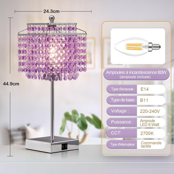Paarse Touch Kristallen Lamp, 2 USB Poorten, Lamp Inbegrepen, Tafellampen, Modern (foto 6 van 7)