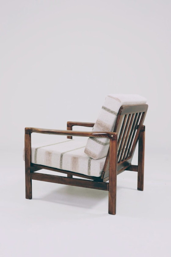 Image 1 of Vintage fauteuil met kussens gestreept natuurlijke stijl stof, Mid Century Design