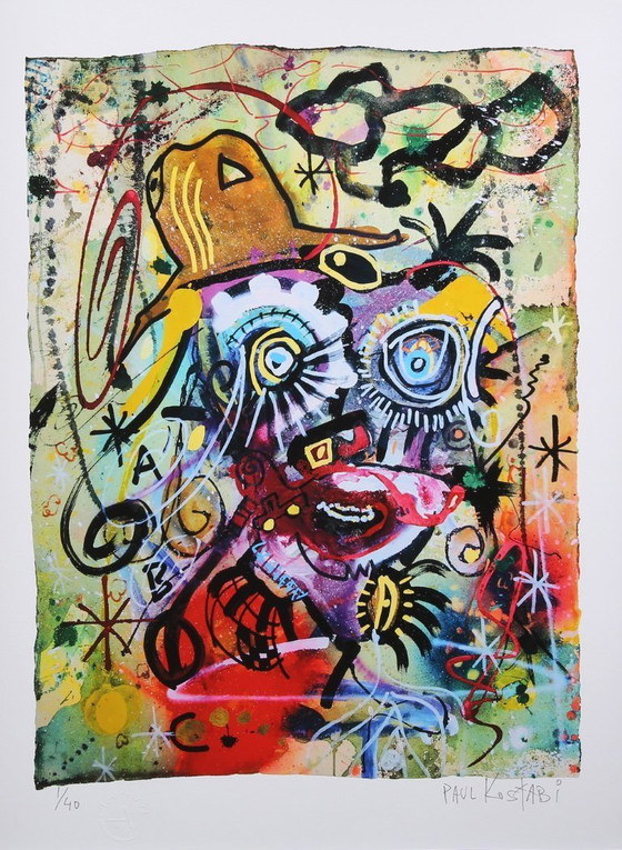 Image 1 of Paul Kostabi – Légende au milieu (2025) | Giclée en édition limitée signée à la main | Art contemporain abstrait inspiré de Basq