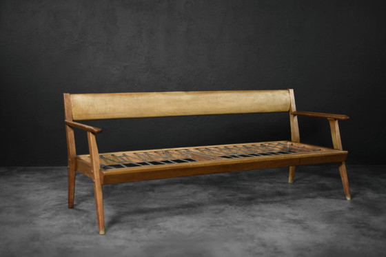 Image 1 of Divano vintage in rovere e pelle nera, stile tedesco moderno di metà secolo, anni '60