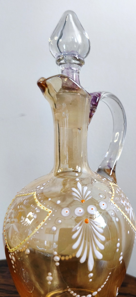 Wunderschöne Antike Böhmische Bernsteinfarbene Glaskaraffe & Likörglas-Set – Handbemaltes Hoch-Email, ca. (photo 4 of 12)