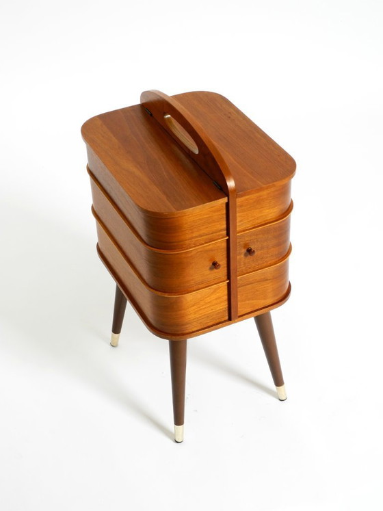 Image 1 of Beautiful original Mid Century sewing box with teak veneer and many compartments