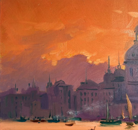 Image 1 of Original Oil Painting Evening City Landscape The atmosphere of the Venetian city
