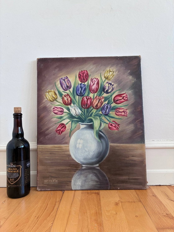 Image 1 of Vintage original flower oil painting, floral still life wall art