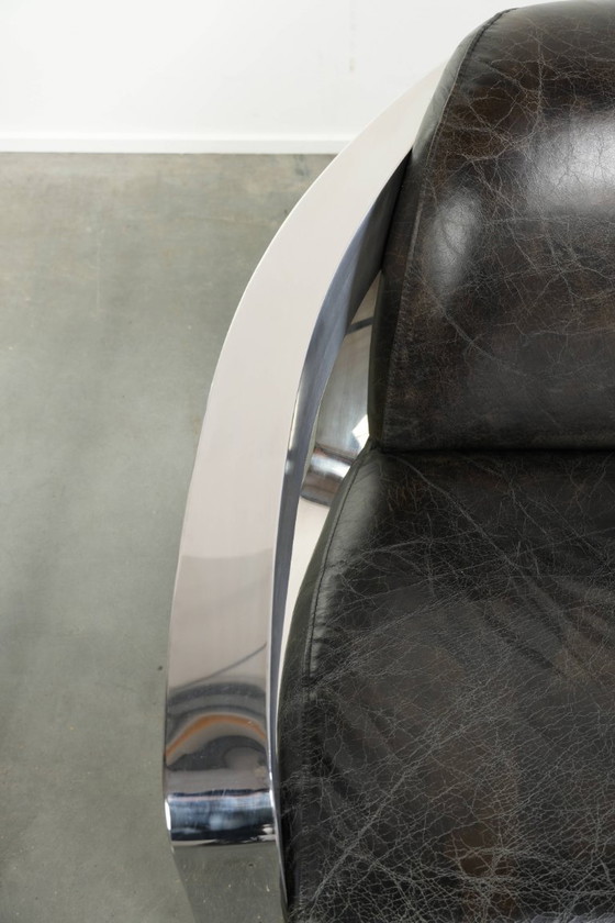 Industrial set of two black cowhide Aviator design armchairs with aluminium and rivets – Leather (photo 7 of 14)