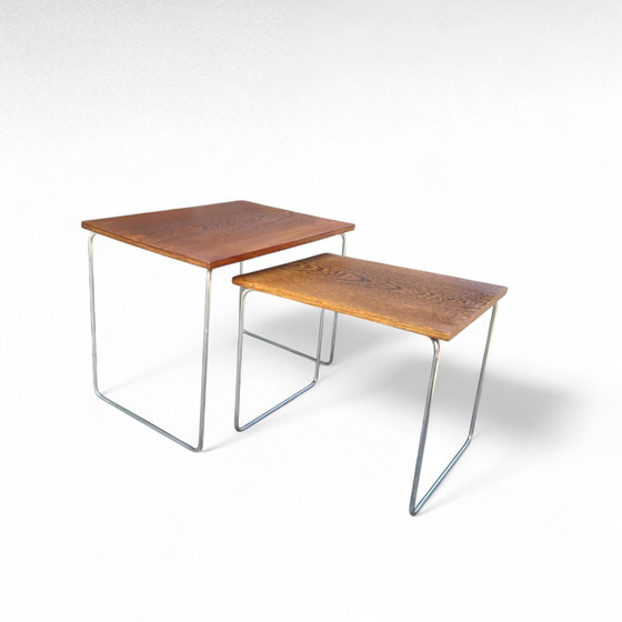 Image 1 of Juego de 2 mesas auxiliares Brabantia, tablero de wengué, patas cromadas