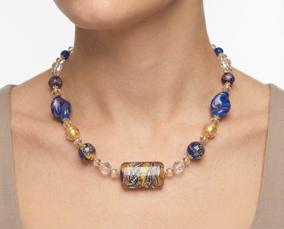 Image 1 of Murano-Glas-Halskette mit Blattgold – Handgefertigte Perlen – Mit Schachtel und Zertifikat – Länge 50 cm