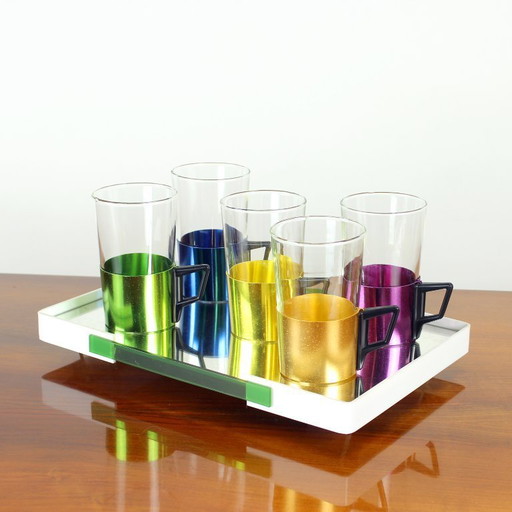 Set Of Colorful Drinking Glasses With A Tray, Czechoslovakia 1960s