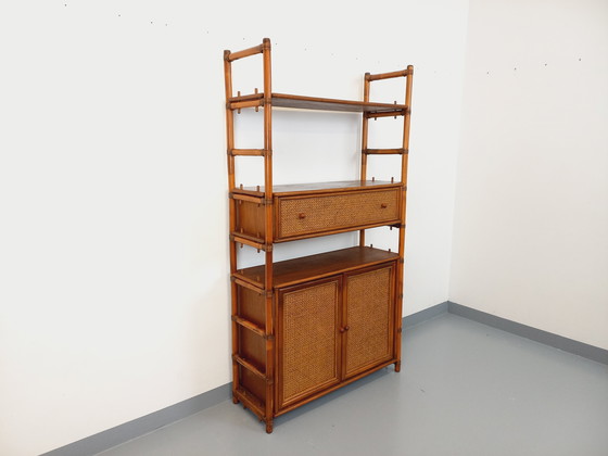 Image 1 of Large Vintage Rattan, Wood and Cane Bookcase from the 70s