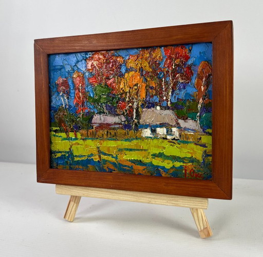 Original Oil Painting Autumn Village Landscape The gold of an October day
