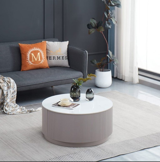 Mesa de centro BARI - Madera gris y tablero de mármol blanco con cajón - 80x45 cm