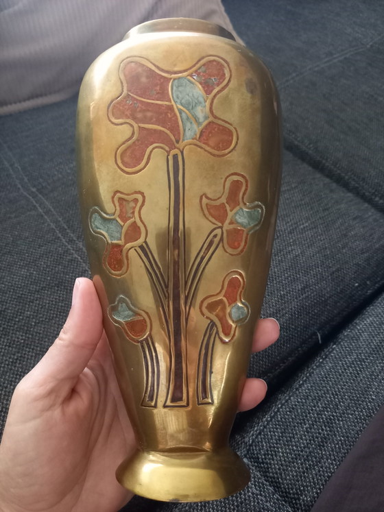 Image 1 of Antique Brass Champlevé Vase – Art Deco / Art Handmade