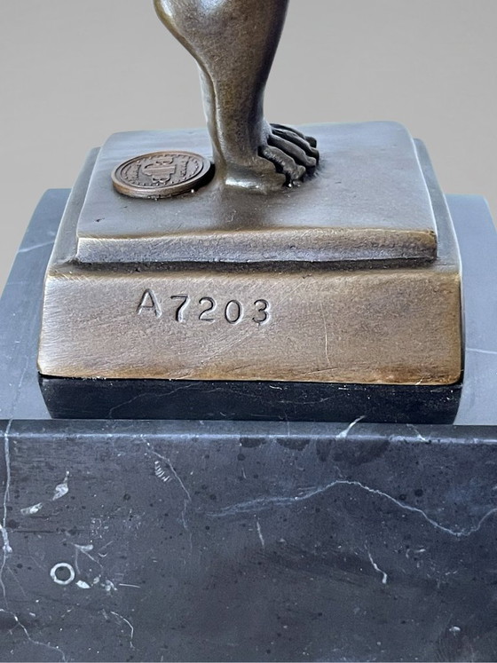 Image 1 of Art Deco sculpture of a dancer with rings in patinated bronze on a black marble-effect base – signed Duvernet – 58 cm