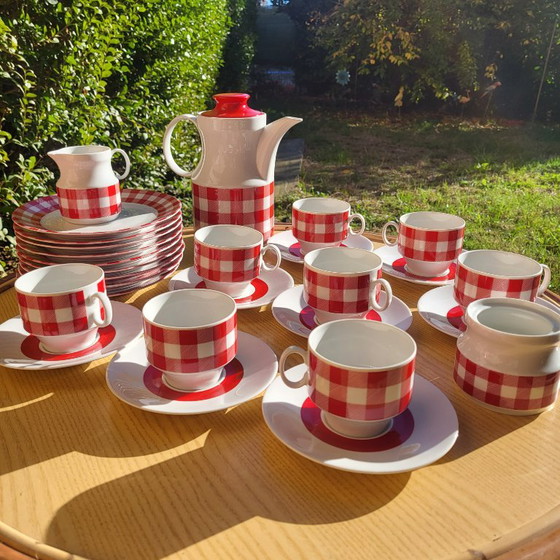 Vichy red and white checkered coffee/tea set, 1960-70, KRONESTER BAVARIA, Crockery, Porcelain, Vintage (photo 12 of 15)