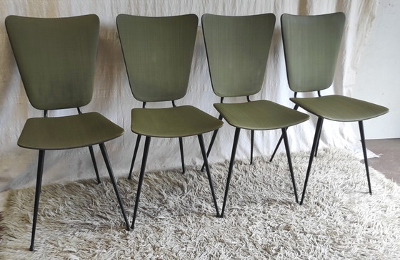 Image 1 of Set aus 4 modernistischen Stühlen aus schwarzem Metall mit grünem Bezug - 1950er Jahre