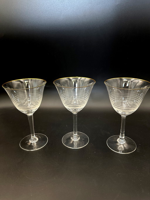 3 x Verre à vin Art Deco 1940s Gold Rim