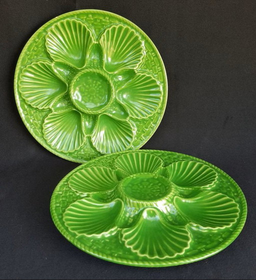 Set of 4 Vintage French Green Oyster Plates | Majolica Style Ceramic Seafood Serving Plates
