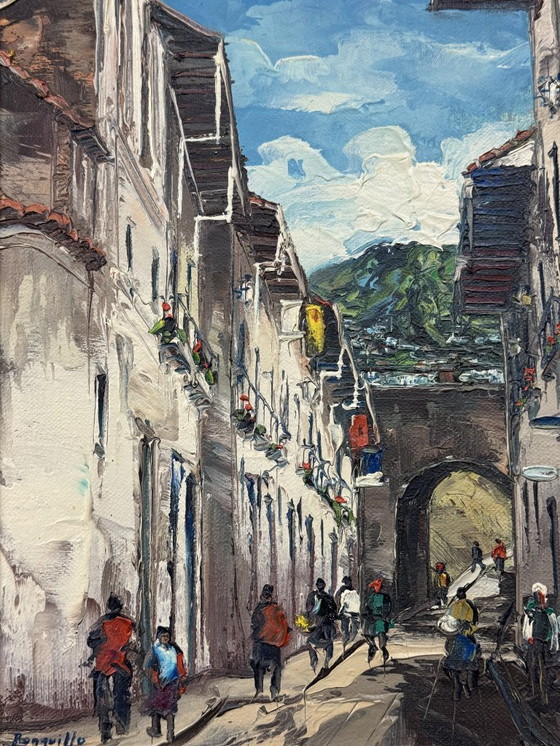 Image 1 of Straatbeeld in Quito door Mario Ronquillo, olieverf op doek, Ecuador, jaren 70