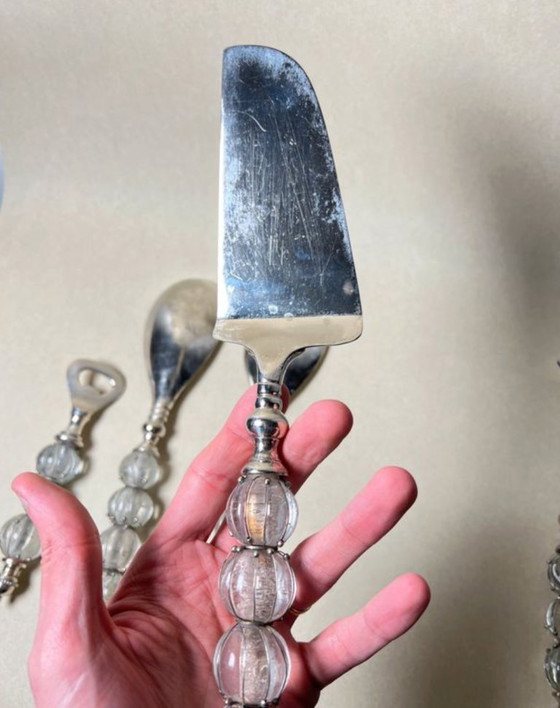 Image 1 of Ensemble de couverts de service (salade / décapsuleur / fromage / gateaux) en métal argent et verre