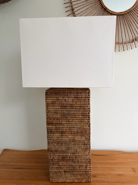 XXL Vintage Birman Osier & Rotin Colonne Lampe, Textile, Beige (photo 7 sur 15)
