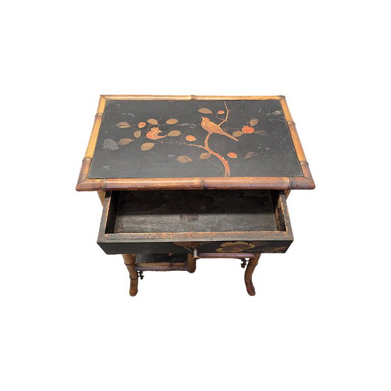 Antique Victorian Side Table with Chinoiserie, c. 1890, Bamboo, Brown (photo 4 of 7)