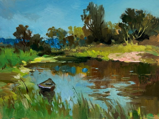 Original Oil Painting Summer River Landscape Summer in green banks
