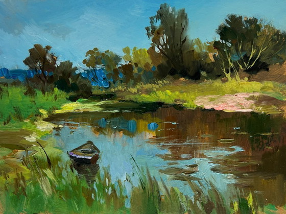 Image 1 of Original Oil Painting Summer River Landscape Summer in green banks