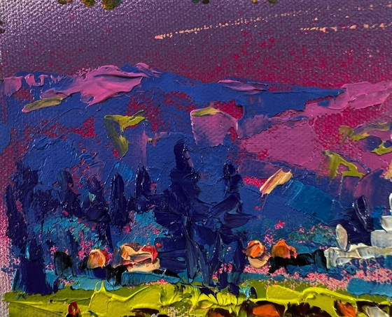 Original Oil Painting Summer Field Landscape Blue Nature Night – Paintings & Drawings, Canvas (photo 7 of 8)