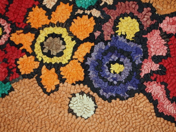 Image 1 of Vintage American Hooked Rug 2'x3' - 1930s Orange Floral