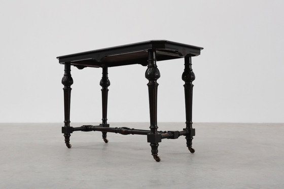 Image 1 of 19th Century English side table with geometric wood inlay by John Taylor & Sons