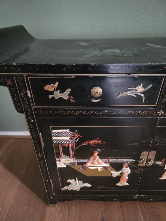 Antique Chinese Cabinet with Paintings and Soapstone – Sideboard, Wood (photo 11 of 15)