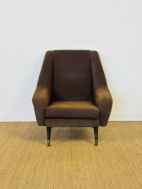 Image 1 of Vintage fauteuil in bruine tweedstof met uitlopende poten, 1960