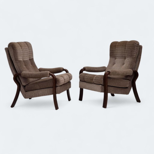 Anni '70, coppia di poltrone danesi, mobili in velluto a coste marrone chiaro, legno di faggio scuro.