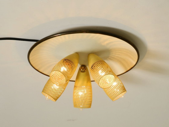 Image 1 of Very rare 5-arm mid-century modern metal bag ceiling lamp with round white reflector