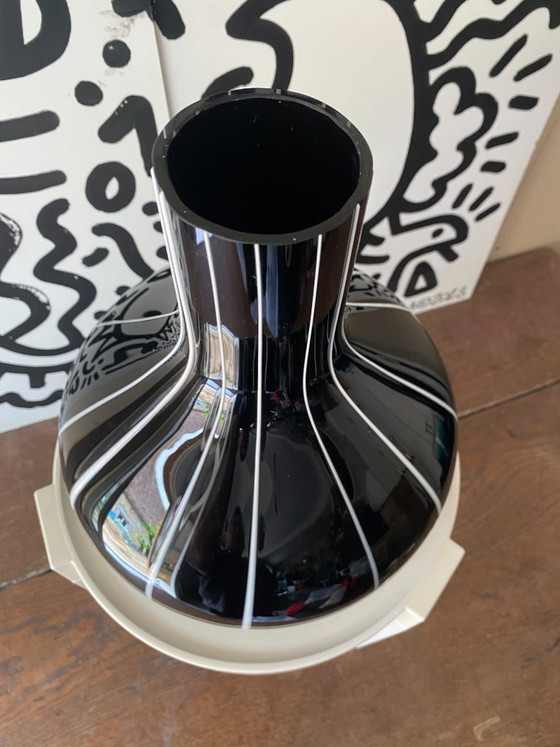 Vintage 1950s Black Glass Vase with White Trim (photo 2 of 16)