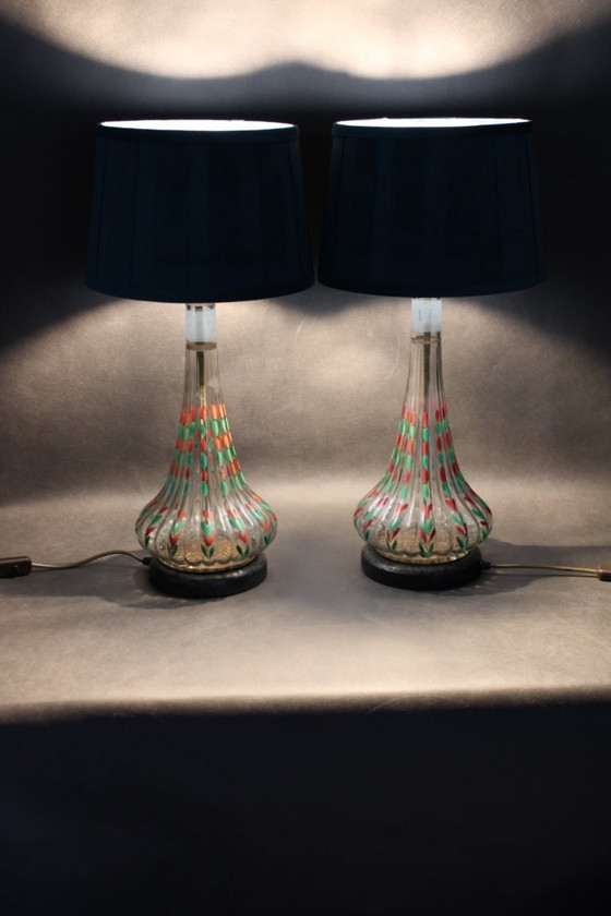 Image 1 of Paire de lampes de table en verre peintes à la main avec abat-jour en tissu neuf, Tchécoslovaquie, années 1960