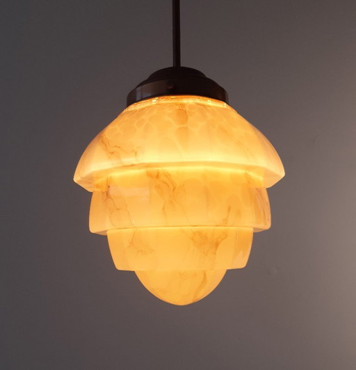 Art Deco ceiling lamp, amber-colored marbled Herda pendant lamp